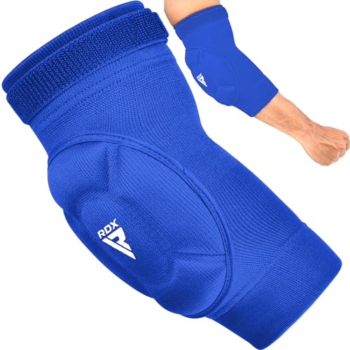 RDX Elbow Pads, Muay Thai MMA Kickboxing Sparring Elbow Guard, Martial Arts Striking Protection,Wrestling Basketball Adjustable MTB Volleyball Compression Padded Sleeve, Men Women - color: Blue White, size: Medium