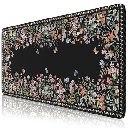 HAOCOO Floral Desk Pad for Keyboard and Mouse, Black Mouse Pad with Non-Slip Rubber Base, XXL Keyboard Mat with Edge Stitching, Soft Computer Mat, Gaming, Office Aesthetics - color: Black