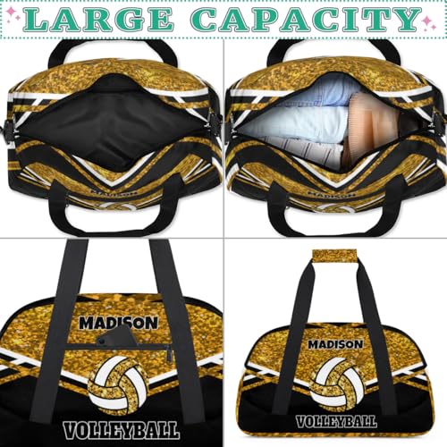 Custom Volleyball Bag with Name, Gold Sequins Glitters with Black | Personalized Sports Bag for Teens Waterproof Weekender Carry Training Travel Bag (Not real Glitter) - color: Gold Black