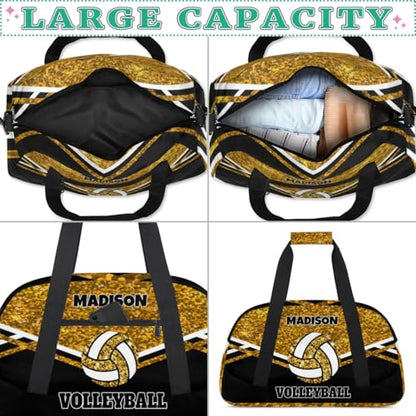 Custom Volleyball Bag with Name, Gold Sequins Glitters with Black | Personalized Sports Bag for Teens Waterproof Weekender Carry Training Travel Bag (Not real Glitter) - color: Gold Black