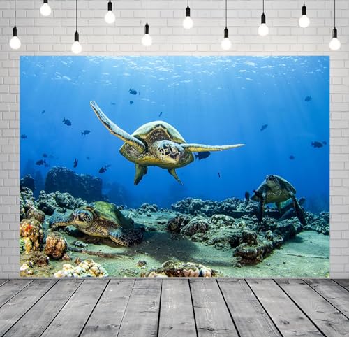 BELECO 8x6ft Fabric Underwater Turtle Backdrop Undersea Swimming Turtle Tropical Fish Coral Reef Blue Deep Sea Background Aquarium Undersea Party Decorations Baby Shower Birthday Photo Prop