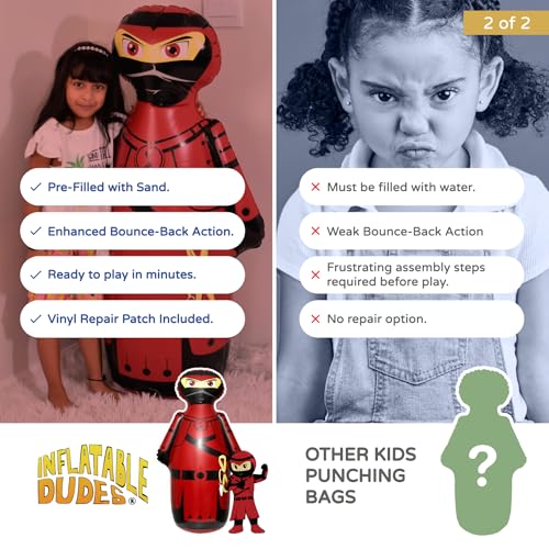 INFLATABLE DUDES Kids Punching Bag- Bop Bag | Sand-Base - color: Red Samurai Standard Ninja | Pre-filled with Sand, size: 47"