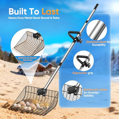 12inch Large Metal Chicken Poop Scooper for Sand with Ergonomic Grip, Adjustable Angle 2 in 1 Chicken Coop Scoop & Rake (39-66"), Stainless Steel Litter Sifting Shovel Chicken Coop Cleaning Tool, Farm