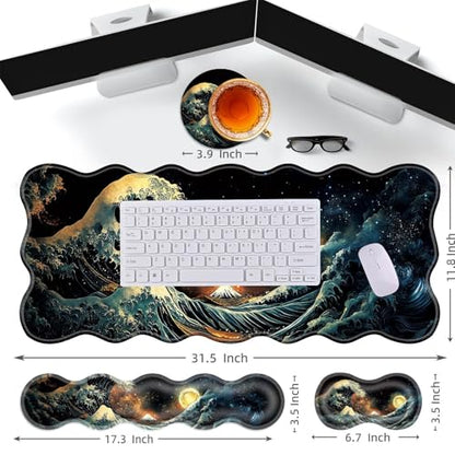 Large Gaming Mouse Pad, Keyboard Wrist Rest Pad & Wrist Support Mousepad Set, Stitched Edge, Extended, Non-Slip Base, Memory Foam Desk Mat for Office, Home,Japanese Sea Wave - color: Japanese Sea Wave
