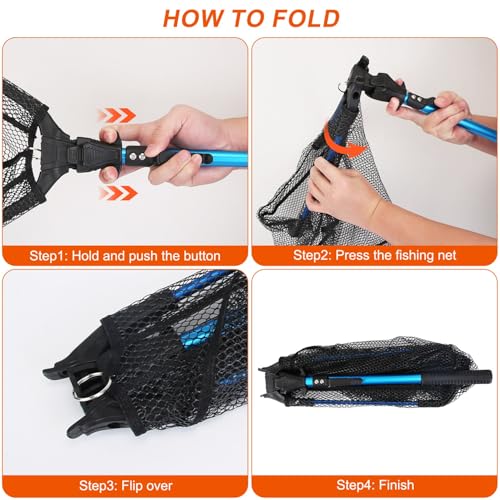 Foldable Fishing Net with Aluminum Alloy Rod EVA Handle Durable 5MM Hexagonal Nano Coating Nylon Mesh Collapsible Landing Net Safe Fish Catching or Releasing