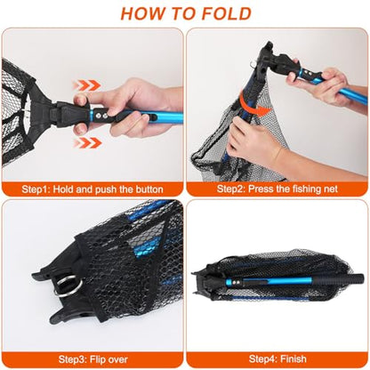 Foldable Fishing Net with Aluminum Alloy Rod EVA Handle Durable 5MM Hexagonal Nano Coating Nylon Mesh Collapsible Landing Net Safe Fish Catching or Releasing