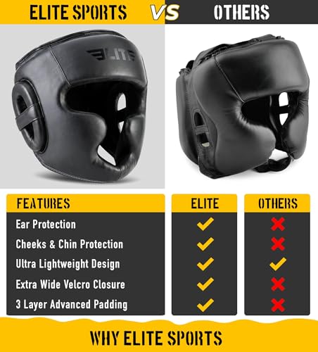 Elite Sports Boxing Headgear Men, Boxing Head Guard Sparring Gear, MMA Headgear Kickboxing Muay Thai Training Helmet, Protective Fighting Gear, Adjustable Face Protection - color: Black