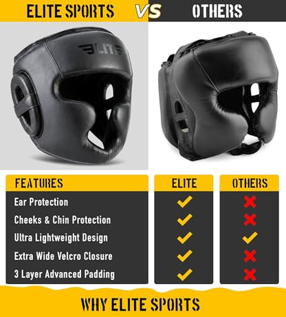Elite Sports Boxing Headgear Men, Boxing Head Guard Sparring Gear, MMA Headgear Kickboxing Muay Thai Training Helmet, Protective Fighting Gear, Adjustable Face Protection - color: Black