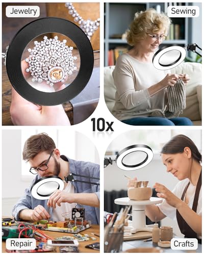 TANYO 10X Magnifying Glass with Light, Real Glass Len Magnifier with Light with 3 Color Mode Dimmable, Dual Swing Arm Hands Free LED Desk Magnifier Lamp for Jewelry Sewing Crafts Embroidery Repair