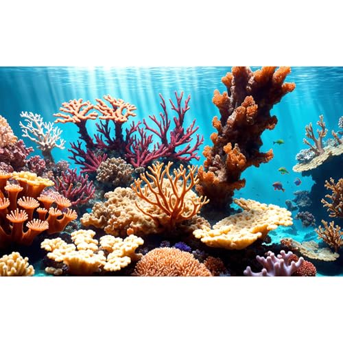 Underwater World Landscape Aquarium Background Colorful Corals Reef Sunray Fish Tank Background Under The Sea Marine Life Terrarium Backgrounds Tropical Ocean Bed Reptile Tank Backgrounds 24x12in - color: Brown_Blue, size: 24(W)x12(H)in