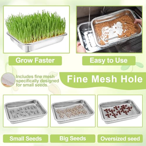 Stainless Steel Sprouting Trays, 2-Tier 10.4 x 7.7 in Microgreens Growing Tray Set with Extra-Fine Silicone Mesh for Alfalfa, Broccoli, Mung Beans, Peas, Rapeseed, Wheatgrass - size: 10.4"L × 7.67"W Tray