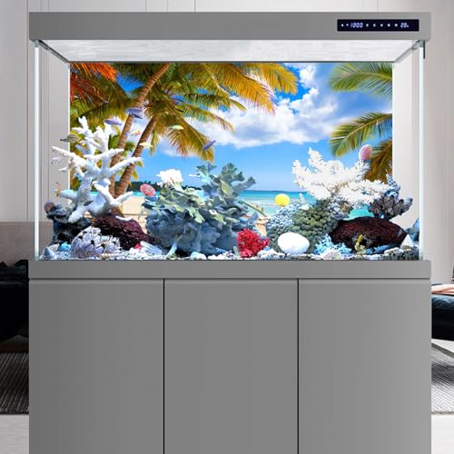 AWERT 48x18 inches Fish Tank Background Nature Landscape Aquarium Background Beach Blue Sky White Clouds Coconut Trees Beach Theme Wave and Sky Aquarium Backdrop Decor Sea Scenery Fish Tank Background - size: 48x18in/120x45cm