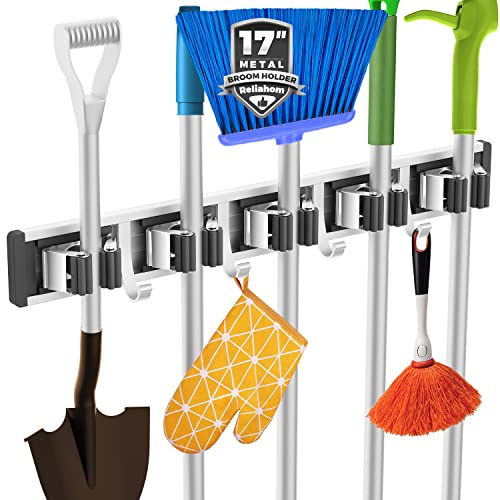 reliahom Broom Holder Wall Mount Mop Hanger Tools organizer 5Racks 4Hooks - color: Black