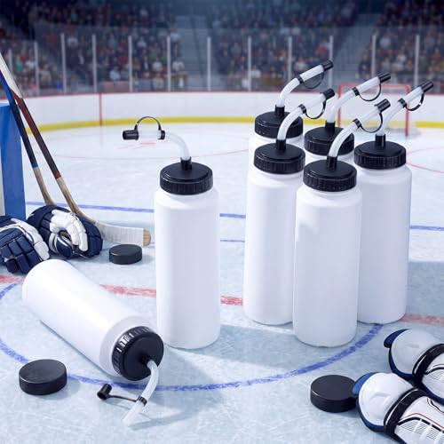 8 Pack Hockey Water Bottles 1 Liter Easy Squeeze Plastic 34 oz Sports Water Bottles with Long Straws for Hockey, Lacrosse, Football, Soccer, Baseball, Gym Sports Helmets(White) - color: White