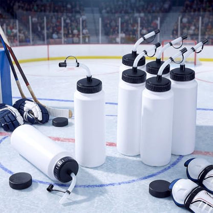 8 Pack Hockey Water Bottles 1 Liter Easy Squeeze Plastic 34 oz Sports Water Bottles with Long Straws for Hockey, Lacrosse, Football, Soccer, Baseball, Gym Sports Helmets(White) - color: White