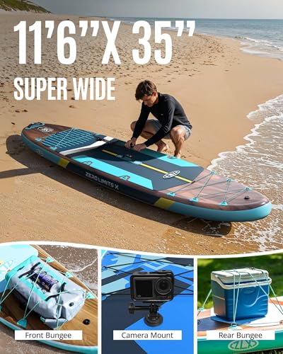 11'6"x35" Inflatable Paddle Board for Adults, Extra Wide Stable SUP | Stand Up Paddleboard, Non-slip EVA Deck, Complete Accessories, Unique Center Fin, for All Skill Levels Paddling On Any Water - color: Black Wood Seat