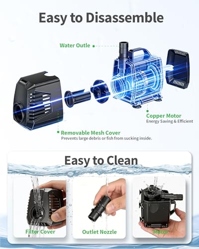 680GPH Submersible Pump(2400L/H, 55W), Ultra Quiet Fountain Pump with Over Heating Protection & Filter Sponge 8.5ft High Lift for Pond, Fish Tank, Aquarium, Hydroponics, Waterfall Q104