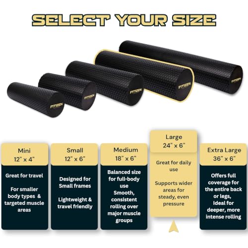 Foam Roller for Muscle Massage, Stiff Back Pain Relief, Physical Therapy, Deep Tissue, Exercise Equipment for Home Gym, Stress, Yoga, Pilates for the Fit Citizen (Black, Large 24 x 6 Inches) - size: Large 24 x 6 Inch