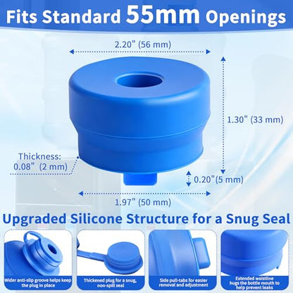 5 Gallon Water Jug Cap, 3 Pack Reusable Silicone Caps, Fits Most 2–5 Gallon Water Bottles with 2.16" (55mm) Opening, Helps Reduce Spills for Refill Transport, Water Coolers & Bottle Pumps