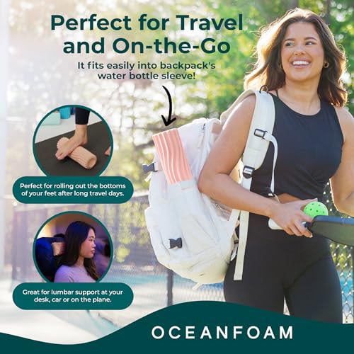 Oceanfoam Ripple Travel Foam Roller (11" x 3.35") Firm Mini Foam Roller for Physical Therapy, Deep Tissue Massage, Back Pain - High Density, Ergonomic Wave Textured - Yoga, Pilates, Exercise (Blush) - color: Blush