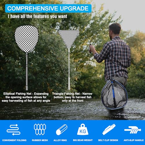 LBW Collapsible Fishing Net with Handle, Folding Kayak Net for Freshwater or Saltwater, Trout Catfish Bass Compact Rubber Landing Net - color: No Telescopic Pole
