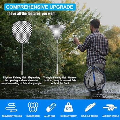 LBW Collapsible Fishing Net with Handle, Folding Kayak Net for Freshwater or Saltwater, Trout Catfish Bass Compact Rubber Landing Net - color: No Telescopic Pole