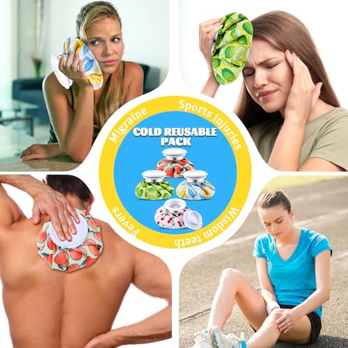 Honoson 4 Pack Reusable Ice Bags Hot Cold Bag Leakproof,Cartoon Fruit Style | Reusable Ice Pack, Ice Bags Hot Water Bag,Screw Cap No-Leak Elastic Breathable for Sports & Home Use,Wide Opening Easy Fill - style: Cartoon Fruit Style