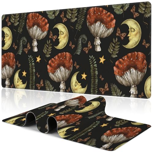 Vintage Magic Forest Desk Mat,Large Moon Amanita Mushroom and Forest Botanical Gaming Keyboard Mouse Pad,Non-Slip Rubber Base Desk Pad Thick Stitched Edges Waterproof Mousepad Mouse Mat 31.5"x11.8" - color: Vintage Magic Forest