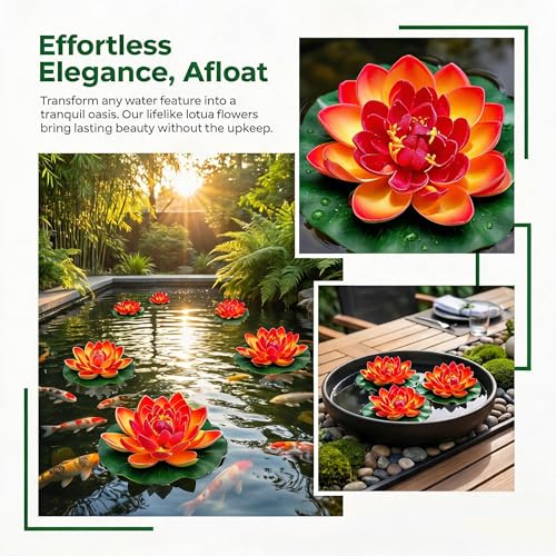 Artificial Floating Foam Lotus Flower with Lily Pads, Artificial Pond Plants Ornaments for Pond Garden Aquarium Decoration, Orange