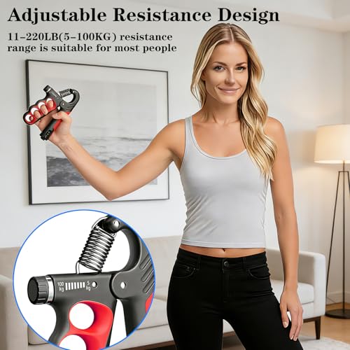Hand Gripper Strengthener, 11-220LBs Adjustable Resistance Grip Strength Trainer with Counter, Forearm Exerciser for Injury Recovery and Muscle Building - color: Grey