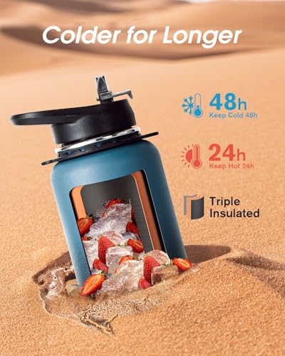 Coolflask 32 oz Water Bottle Insulated Stainless Steel with Strap - color: Blue, size: 32 Ounces