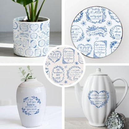 SUPERDANT 5Pcs Verses Underglaze Ceramic Decal 20.5x14.6Inch Scripture Pottery Waterslide Blue Script Transfer for Handmade Dishes Easy Apply for Coffee Cup Plate - style: Scripture