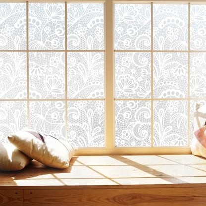 Frosted Window Privacy Film, White Lace Stained Glass Window Film, Static Cling Removable Privacy Decal, Sun Blocking Decorative Tint with Effect for Home, Doors and Office (S686, 17.7'' x 78.7'')