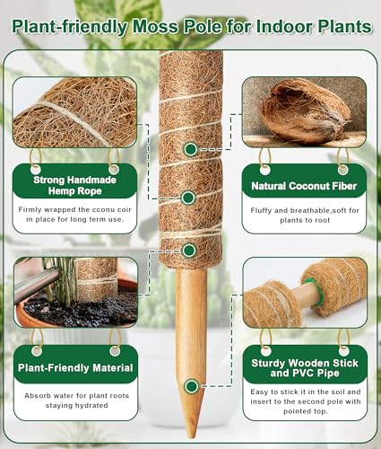 Moss Pole 126 Inch, 6 Pack 21" Monstera Plant Support for Climbing Potted Live Plants Indoor, Stackable Coco Coir Moss Sticks Monstera Stakes for Pothos Philodendron, with Garden Labels & Ties