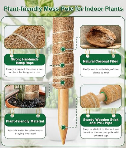 Moss Pole 126 Inch, 6 Pack 21" Monstera Plant Support for Climbing Potted Live Plants Indoor, Stackable Coco Coir Moss Sticks Monstera Stakes for Pothos Philodendron, with Garden Labels & Ties