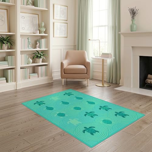4'x6' Washable Contemporary Turtle Area Rug, Turquoise Flatwoven Floor Mat Non-Slip Chair-Friendly Carpet for Home Office, Gaming Room, Under Desk | Ref:1955115 - color: Blue/Pattern 12, size: 4' x 6' (Rectangular)