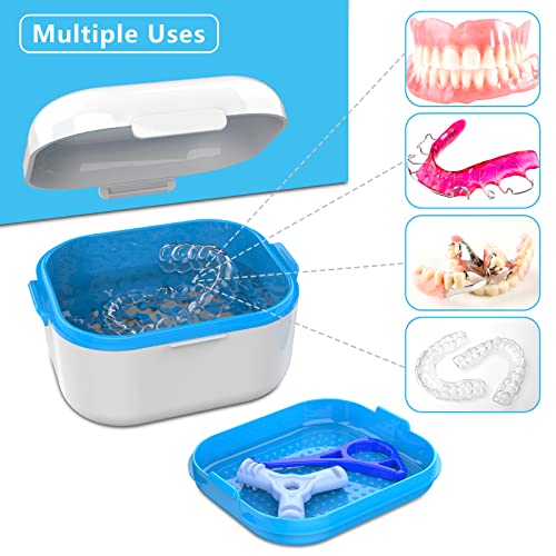 Denture Case with Mirror, Leakproof Retainer Box with Strainer Basket - color: White & Blue