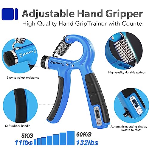 Grip Strength Trainer Kit with Finger Exerciser, Hand Grip Strengthener, Hand Extension Exerciser, Stress Relief Ball, Grip Ring, Gyro Ball for Muscle Building and Injury Recover - color: Blue&Black