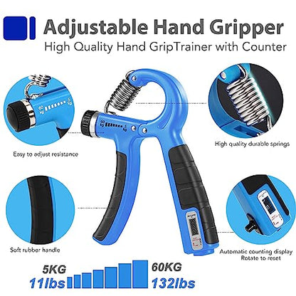 Grip Strength Trainer Kit with Finger Exerciser, Hand Grip Strengthener, Hand Extension Exerciser, Stress Relief Ball, Grip Ring, Gyro Ball for Muscle Building and Injury Recover - color: Blue&Black