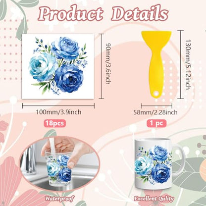Peacoblue 18 Sheets Rub on Transfers for Crafts, Blue Flower Bunch 3.6"x3.9" UV DTF Cup Wraps Waterproof Rub on Cold Transfers Stickers for Wood Glass Metal Cup Tumblers Mirrors Mugs Home Decor - style: Blue Flower Bunch