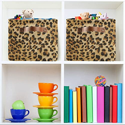 Leopard Print Storage Bin Animal Canvas Toys Storage Basket Bin Large Storage Cube Box Collapsible with Handles for Home Office Bedroom Closet Shelves，1 pc
