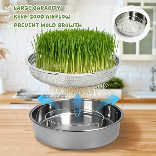 2 Pack 304 Stainless Steel Seed Sprouter Trays, 2-Tier Soil-Free Microgreens Growing Kit, Rust-Free Round Sprouting Tray with Mesh Pads for Sprouts Beans Alfalfa Wheatgrass