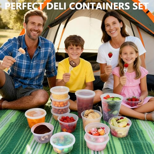 96 Pack (192-Piece) Deli Containers with Lids, 32/16/12/8 oz X 24 Set Each, Leak-Proof & BPA Free Airtight Takeout Plastic Food Storage Containers for Soup, Meal Prep, Microwave/Freezer Safe - size: 32/16/12/8 oz X 24 Set