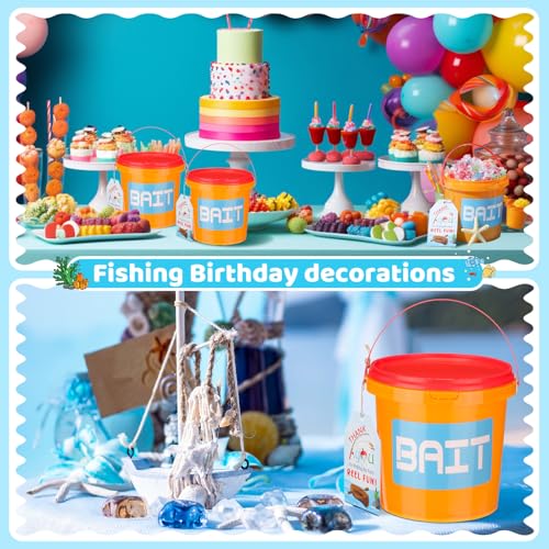 24 Sets Fishing Party Favors Small Fish Bait Bucket 1.2l Candy Bucket with Lids and Thank You Cards for Making My Reel Fun Fishing Theme Birthday Party Decorations