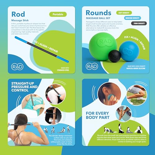 RAD All-in Complete Myofascial Release and Muscle Recovery Set - Includes Exercise Foam Rollers, Multi-Use Yoga Block, Peanut & Massage Balls, Neuro Ball Foot Roller, and Massage Stick - style: Recovery Set – 7-Piece