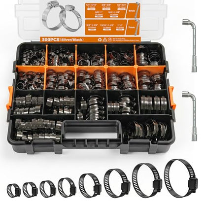 Hose Clamp 300PCS Hose Clamp 304 Stainless Steel Kit Adjustable 1/4" to 2" (16–51 mm) Worm Gear Hose Clamp, Large Small Hose Clamps for Automotive, Fuel Line, Pipe, Radiator - size: 1/4"~2"(300pcs)