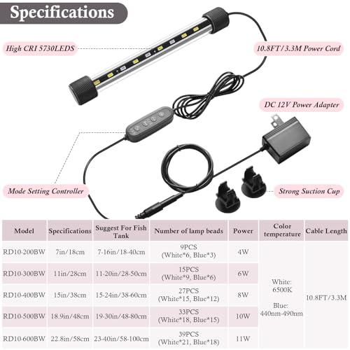 Dirvin 4W LED Fish Tank Light with Timer, Submersible Aquarium Light, 24/7 Mode Sunrise-Daylight-Moonlight and 3 Colors Adjustable Brightness, Auto On/Off, 7in - size: 7in
