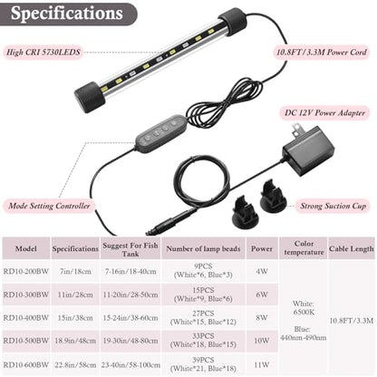 Dirvin 4W LED Fish Tank Light with Timer, Submersible Aquarium Light, 24/7 Mode Sunrise-Daylight-Moonlight and 3 Colors Adjustable Brightness, Auto On/Off, 7in - size: 7in