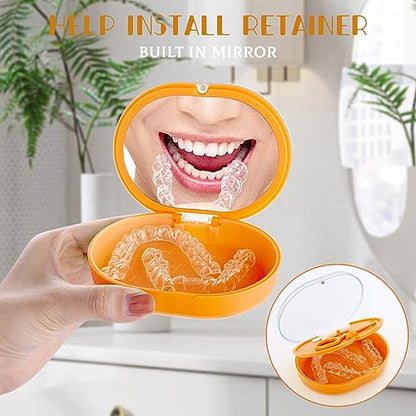 New Double-layer Aligner Case with Belt Chewing,Removal Tool,Cleaning Brush,Built in Mirror Orthodontic Case - color: orange