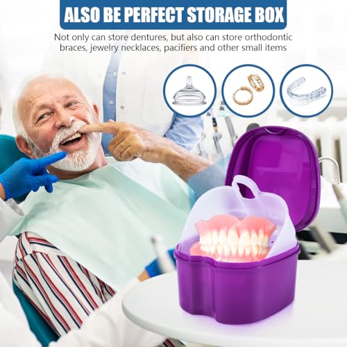 KISEER 2 Pack Colors Denture Bath Case Cup Box Holder Storage Soak Container with Strainer Basket for Travel Cleaning (Light Blue and Purple) - color: Light Blue and Purple